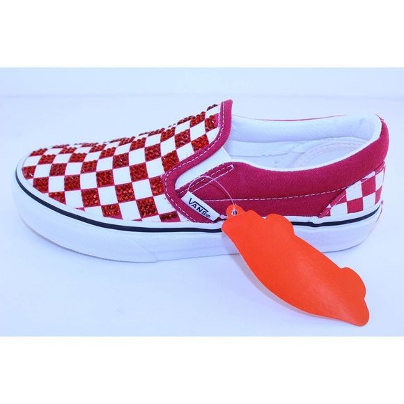 Vans Checkerboard Classic Slip-On Red White Crystal Sneakers Girls Size 2 M NEW - Picture 6 of 12